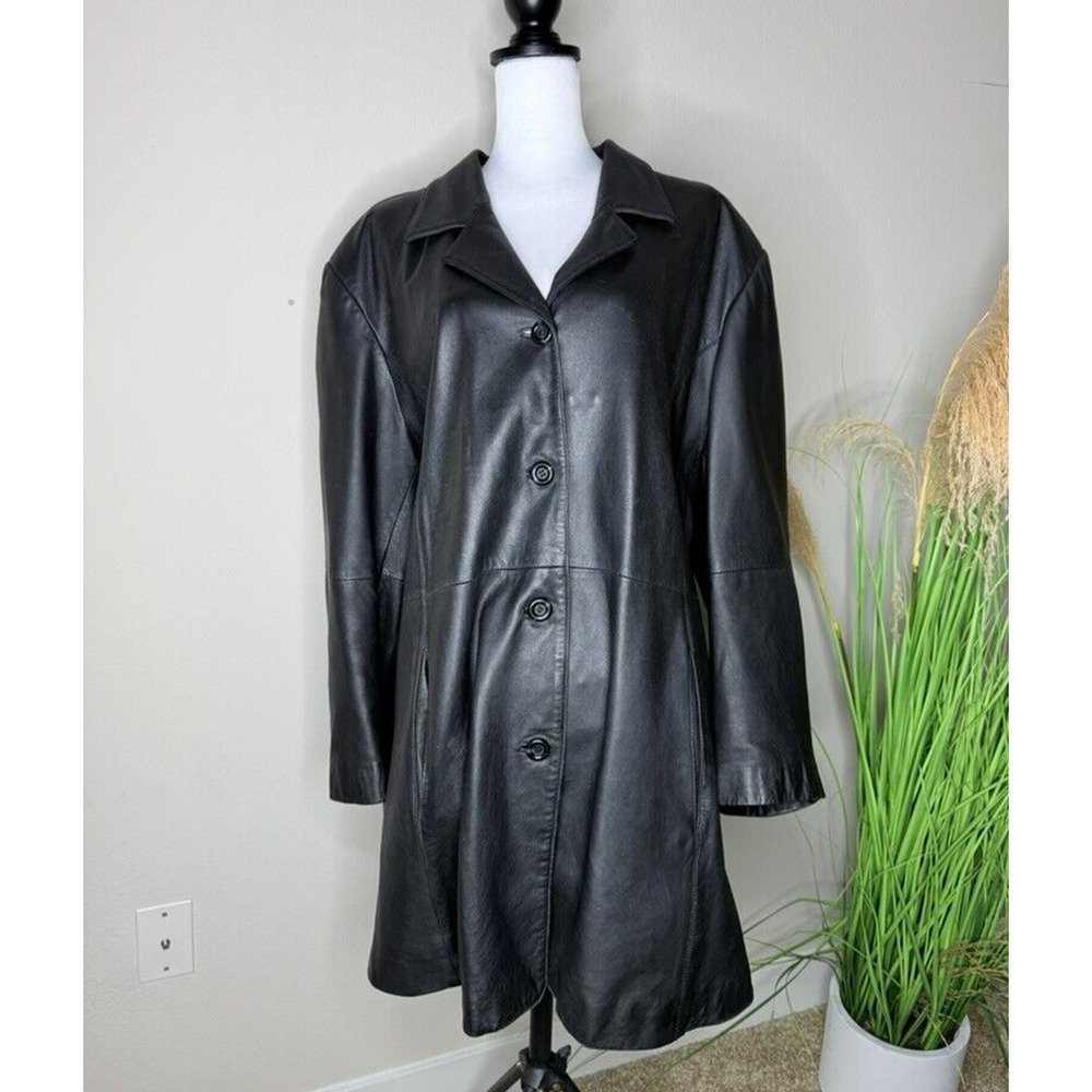 Avenue Y2K Vintage Leather Jacket Black Button Womens 26/28 Longline Collar FLAW